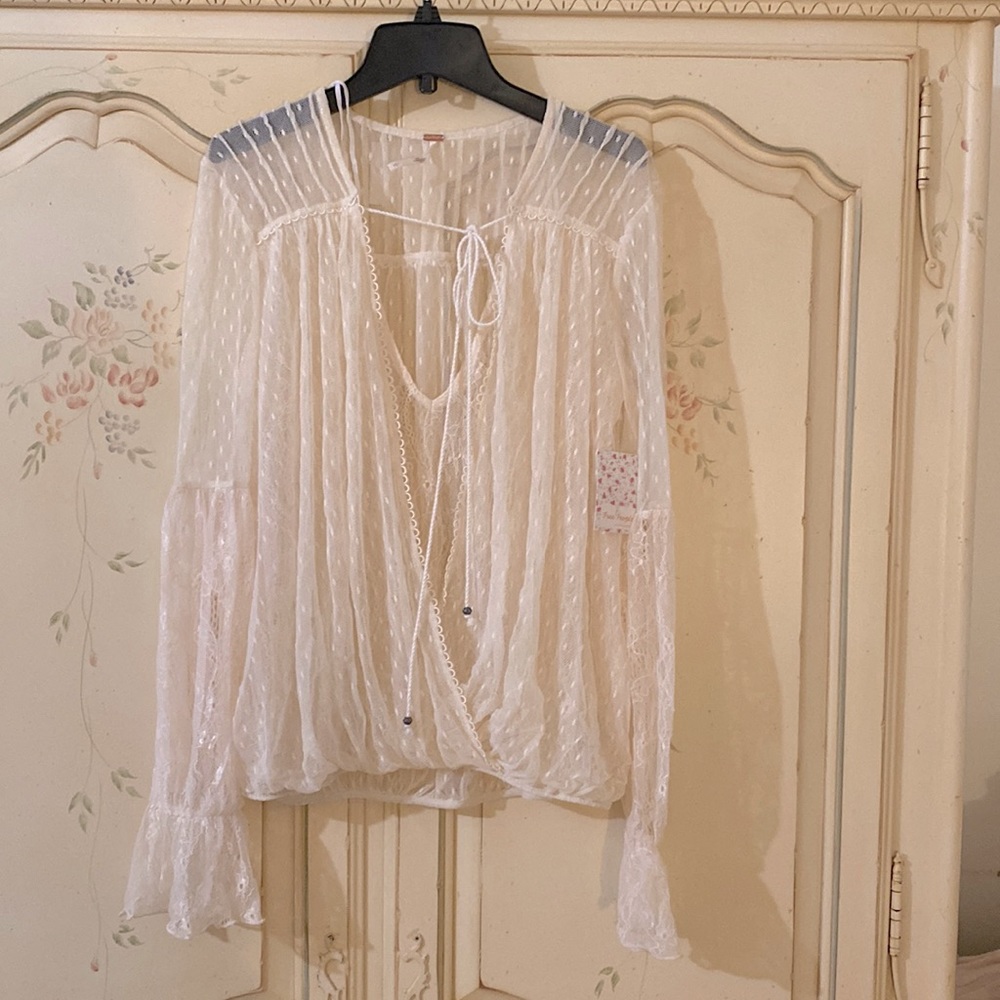 Free People bohemian cream lace & swiss dot top